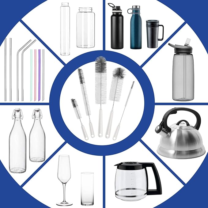 MR.SIGA 5 Pack Bottle Brush Cleaning Set with Storage Holder, Cleaning Brushes for Long Narrow Neck Bottles, Water Bottles, Baby Bottles, Tumblers, Drinking Glasses, Strews-BubblyBeeBaby