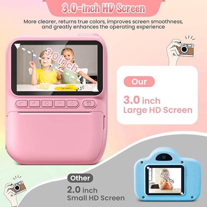 Instant Print Camera for Kids, 3.0" HD 32MP Kids Camera 1080P with 3 Rolls of Printer Paper, Birthday Gifts Toy for 3-12 Year Old Girls Boys with 32GB SD Card-Pink-BubblyBeeBaby