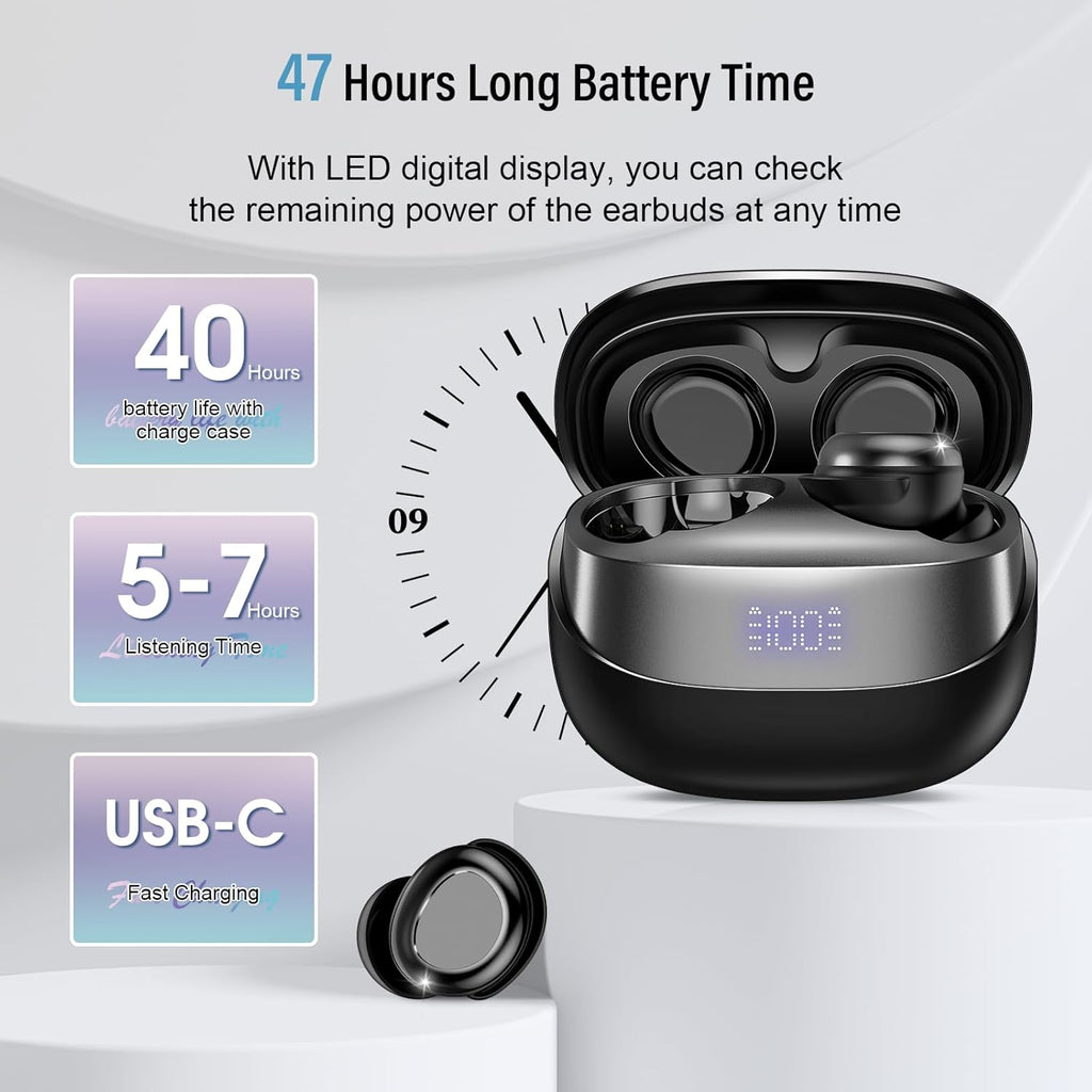 Sleep Earbuds Bluetooth 5.4 in Ear Light-Weight Headphones, Mini Sleep Headphones Small Design for Side Sleepers, 47H Playtime with Charging Case, Clear Calls Earphones, Black