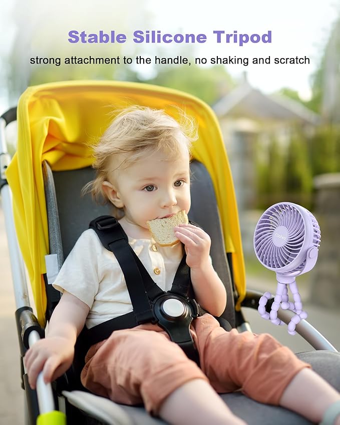 Stroller Fan Clip on for Baby, 4000mAh Rechargeable Battery Operated, Flexible Tripod, 3 Wind Speed, 360° Rotatable, Small Portable Fan for Car Seat Crib Backseat Beach Travel Camping, Purple-BubblyBeeBaby