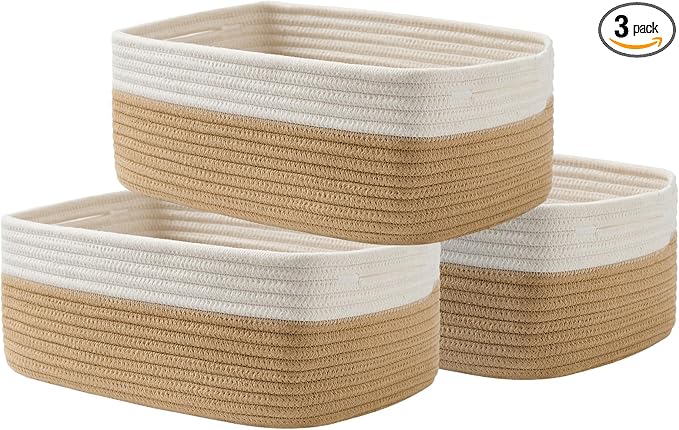 KALLAX Small Woven Basket, 13.5 x 9.5 x 5 Inches, Storage Basket for Organizing, Cute Small Rope Shelf Closet Cube Storage Bins Baskets for Shelves, Dog Toy Gift Baskets Empty, 3 Pack White & Brown-BubblyBeeBaby