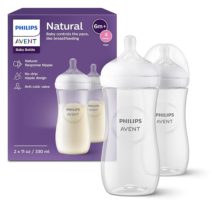Philips Avent Natural Baby Bottles with Natural Response Nipples (Fast Flow, Flow 4), 11oz, 2-Pack, SCY906/02-BubblyBeeBaby