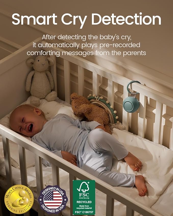 2025 Mom's Choice Awards, Portable Sound Machine for Baby Adult, AI Cry Detection, 18 Soothing Sound, Bluetooth Rechargeable White Noise Machine for Home Office Travel, Nursery Light, Cyan-BubblyBeeBaby