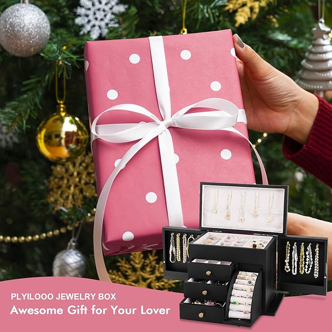 Jewelry Box Organizer, Solid Wood Jewelry Boxes for Women, Double Layer Jewelry Organizer Box Display Earring Necklace Bracelet Ring, Rustic Style Small Jewelry Box for Girls (Black)-BubblyBeeBaby