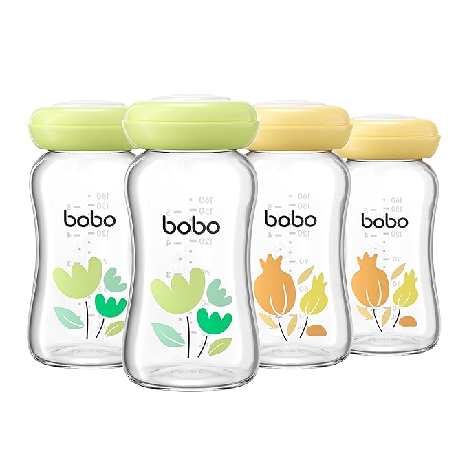 YOHKOH Breast Milk Storage Bottles - Wide Neck Glass Breastmilk Storage Bottles with Lids, BPA-Free (Multicolor1, 5.4oz (Pack of 4))-BubblyBeeBaby
