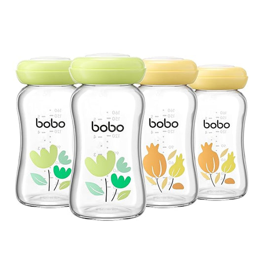 YOHKOH Breast Milk Storage Bottles - Wide Neck Glass Breastmilk Storage Bottles with Lids, BPA-Free (Multicolor1, 5.4oz (Pack of 4))-BubblyBeeBaby