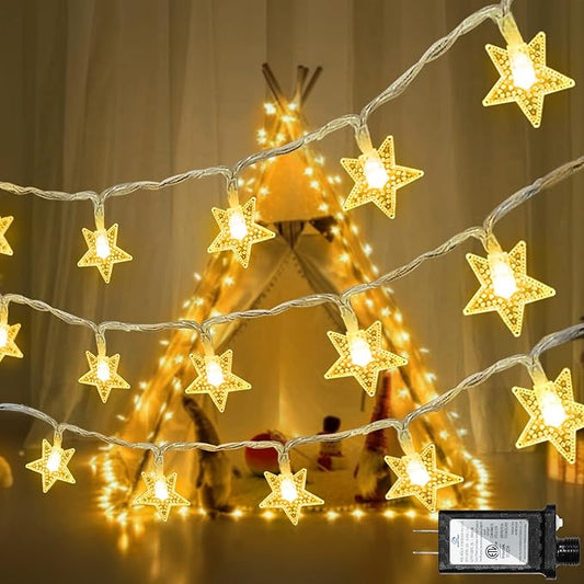 120 LED 40FT Star String Lights, 8 Modes Plug in Star Lights with Timer & Memory, Indoor Outdoor Christmas Twinkle Light for Birthday Party Bedroom Wedding Home Classrom Decor Warm White-BubblyBeeBaby
