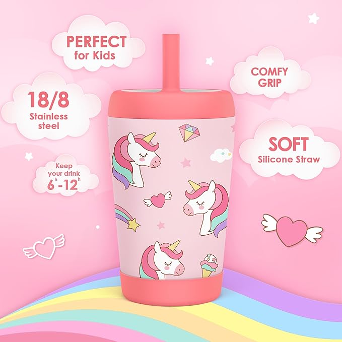 Kid Insulated Stainless Steel Tumbler with Silicone Straw, 12oz Sippy Cup for Kids (Dreamy Unicorn)-BubblyBeeBaby