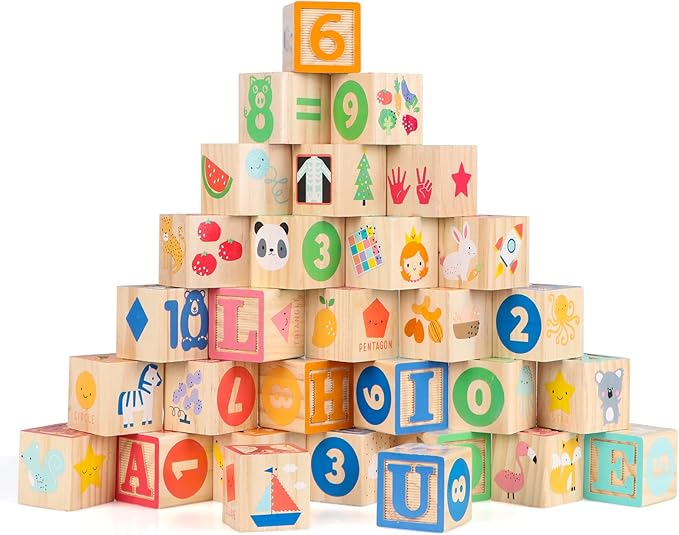 Joqutoys Wooden Building Blocks for Toddlers 1-3, Large Wood Baby Stacking Blocks Set for Kids, 30 PCS Alphabet Blocks with Toy Wagon, Educational Wooden Toys for Boys Girls Gifts 1.65"-BubblyBeeBaby