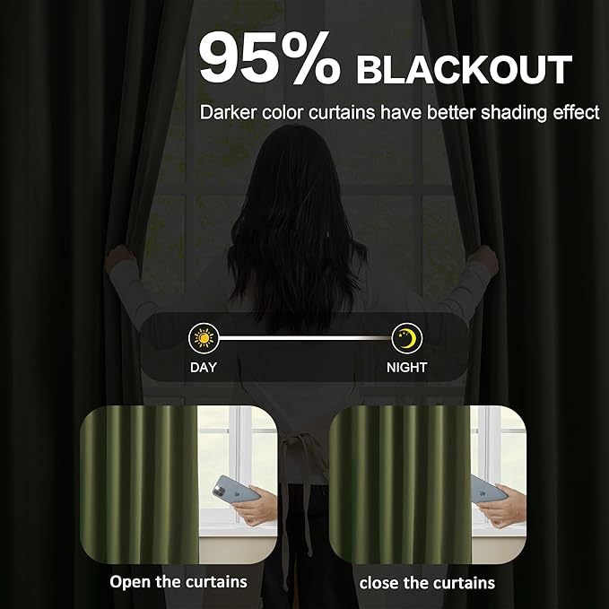 KEQIAOSUOCAI Olive Pinch Pleated Curtains 108 Inches Long, Blackout Energy Saving Curtain for Living Dining Room Light Blocking Window Draperies(Dark Olive,40x108,2 Panels)-BubblyBeeBaby