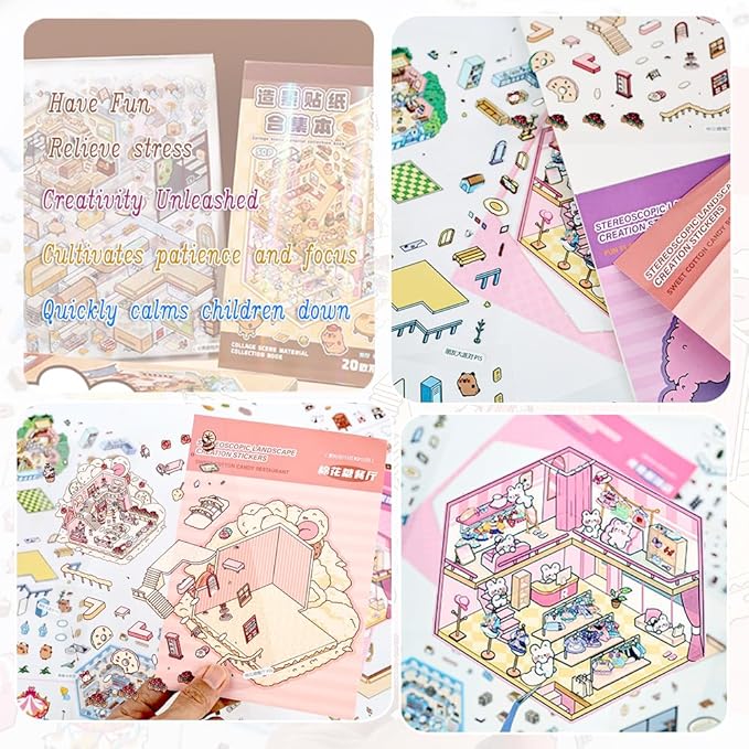 20 Sets DIY 3D Sticker Scenes for Adults Relief Stress, Cute Kawaii 3D House Sticker Therapy for Women Teen Girls Kids Pass The Time, Make Your Own Mini Room Scene Collection Book with Tweezer-BubblyBeeBaby