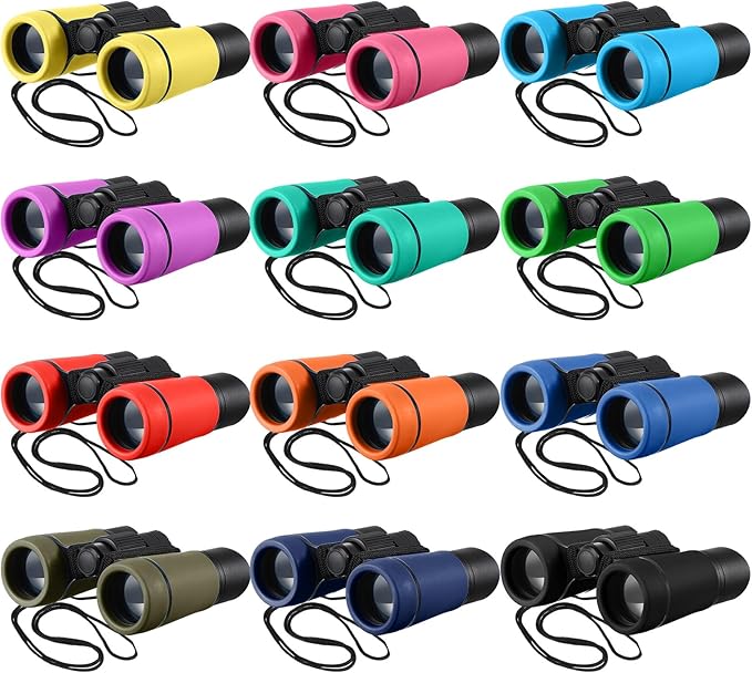 12 Pcs Kids Binoculars - Shock Proof, Folding, Small Telescope for Age 3-12 Boys & Girls - Educational Learning Binoculars for Hunting, Bird Watching, Camping & Outdoor-BubblyBeeBaby