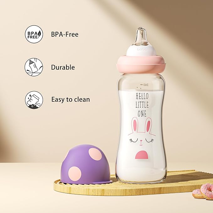 YOHKOH Natural Glass Baby Bottle with Natural Response Nipple, Newborn Anti-Colic Baby Bottles, Wide Neck Mushroom Cap Baby Bottle, Clear ((8.8oz (Pack of 4), Purple-A)-BubblyBeeBaby