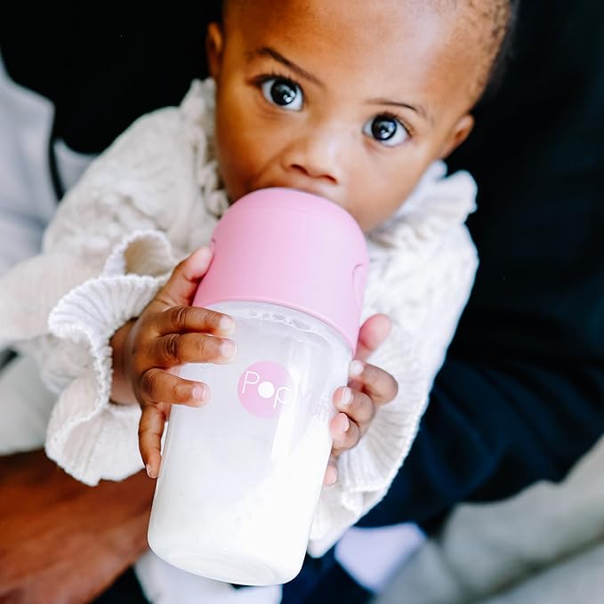 PopYum 9 oz Pink Anti-Colic Formula Making/Mixing/Dispenser Baby Bottles, 2-Pack with #2 Medium Flow Nipples, 260 ml, BPA-Free, Natural Latch-BubblyBeeBaby