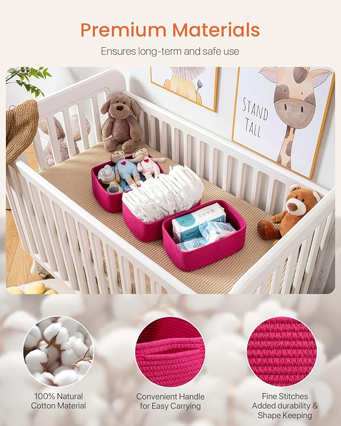 KALLAX Small Woven Basket, 12 x 8 x 4.5 Inches, Storage Basket for Organizing, Cute Small Rope Shelf Closet Cube Storage Bins Baskets for Shelves, Dog Toy Gift Baskets Empty, 3 Packs, Hot Pink-BubblyBeeBaby