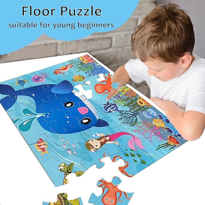 Jumbo Floor Puzzle for Kids, Large Jigsaw Puzzles 35 Piece for Kids Ages 3-5,Preschool Learning & Education Toys, Gifts for 4-8 Year Old Boys and Girls (Marine Animals)-BubblyBeeBaby