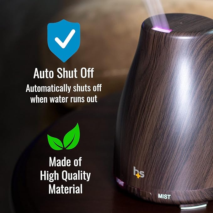 HealthSmart Essential Oil Diffuser, Cool Mist Humidifier and Aromatherapy Diffuser with 150ML Tank Ideal for Small Rooms, Adjustable Timer and Mist Mode, Wood Grain Brown-BubblyBeeBaby