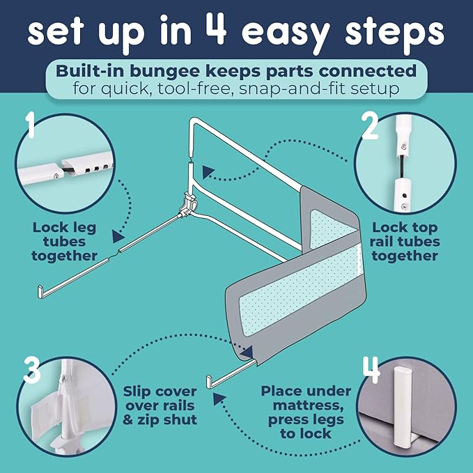 hiccapop 44" x 19" Bed Rail for Toddlers, Heavy-Duty Safety Bed Rail for Twin, Full, Queen Beds, Soft Mesh Cover & Swing-Down Design, Easy No-Tool Installation (White)-BubblyBeeBaby