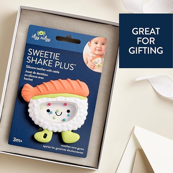 Itzy Ritzy Silicone Rattle Teether– BPA-Free Silicone Teether with Rattle for Babies & Toddlers – Features a Gentle Rattle Sound, Colorful Beads & Multiple Textures (Sushi)-BubblyBeeBaby