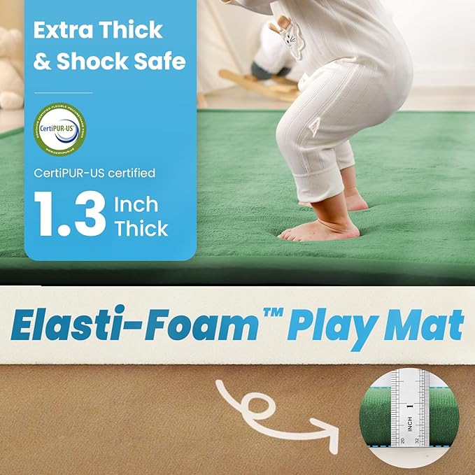 1.3" Thick Baby Play Mat for Floor, 39x59 Foam Tummy Time Mat, Padded Support Soft Plush Nursery Rug for Infant Kids Toddler Crawling Kick Activity (Emerald)-BubblyBeeBaby