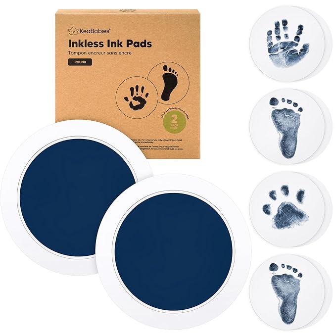 2-Pack Round Inkless Baby Hand and Footprint Kit - Mess Free Ink Pad for Newborn Keepsake, Dog Nose & Paw Print Kit, Clean Touch Ink Pad for Baby Hand & Footprints, Ideal New Mom Gifts (Navy)-BubblyBeeBaby