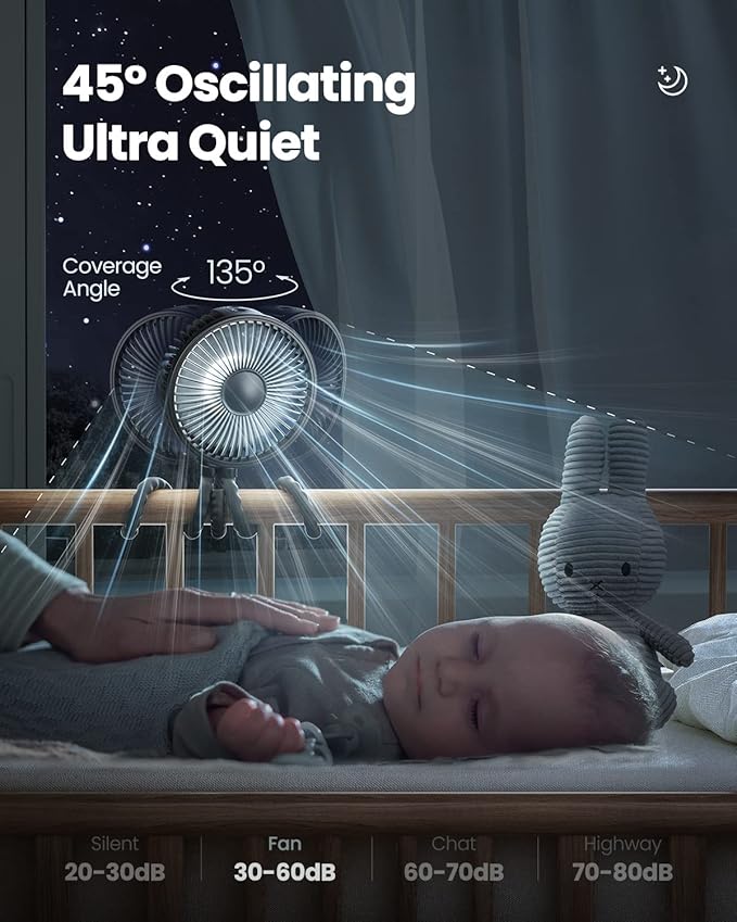 Gaiatop Baby Stroller Fan, 4000mAh Oscillating Mini Portable Fan with Light, 4 Speeds Battery Operated Small Handheld Desk Fan, 360° Rotate Flexible Tripod Clip On Fan for Car Seat Crib Travel Black-BubblyBeeBaby
