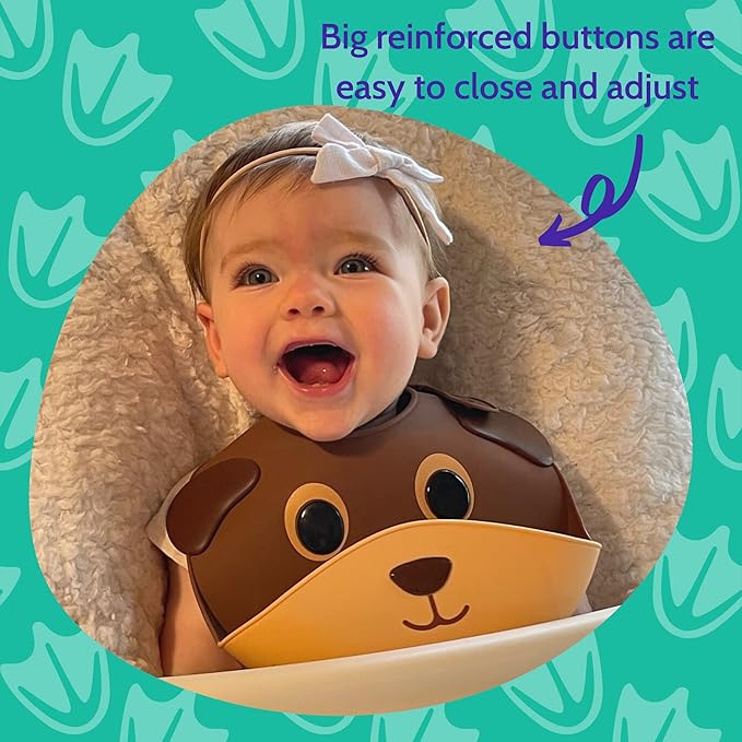 Silly Goose Set of 2 Silicone Animal Baby Bibs for Babies and Toddlers, Waterproof, Adjustable, Soft, Extra Wide Food Catcher Pocket (2PK Fox+Bear)-BubblyBeeBaby