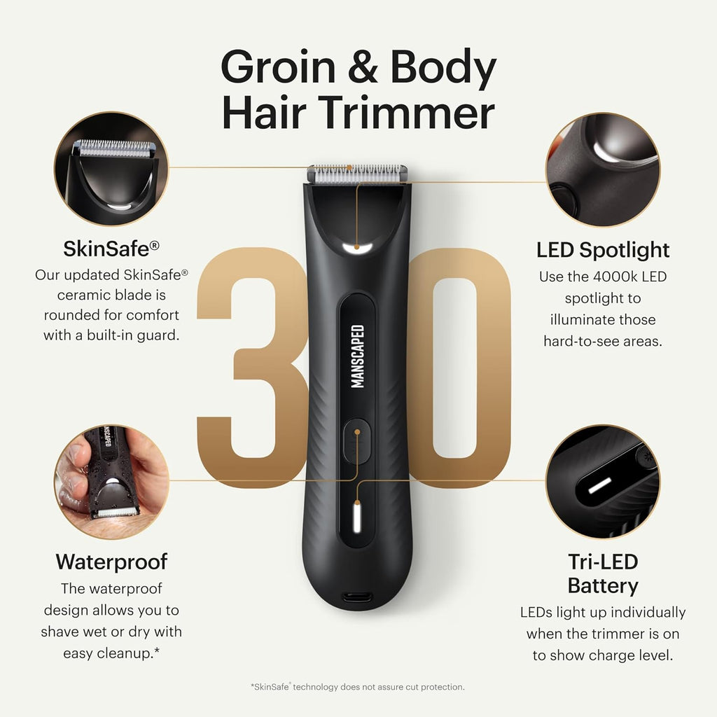 MANSCAPED® Grooming Essentials 3.0 Plus Routine with The Lawn Mower® 3.0 Plus Men's Groin Hair Trimmer, Crop Preserver® Ball Deodorant, Crop Cleanser®, Crop Soother™ Aftershave, Shed 2.0 Toiletry Bag