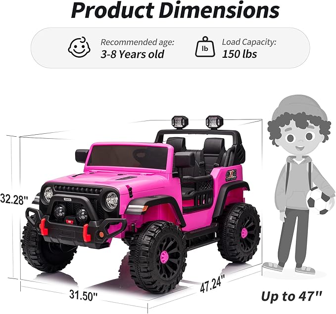 2 Seater Ride on Car Truck, 12V Kids Electric Ride on Toy for Big Kids Age 3-8 w/Remote Control- Hot Pink-BubblyBeeBaby