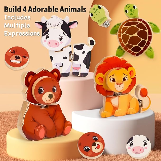 HUZU Animal Snap Wooden Building Blocks – Fun & Educational Puzzle Toy for Kids Aged 3-8, Features Cow, Bear, Lion and Turtle, Matching Game with Interchangeable Animal Faces & Emotions-BubblyBeeBaby
