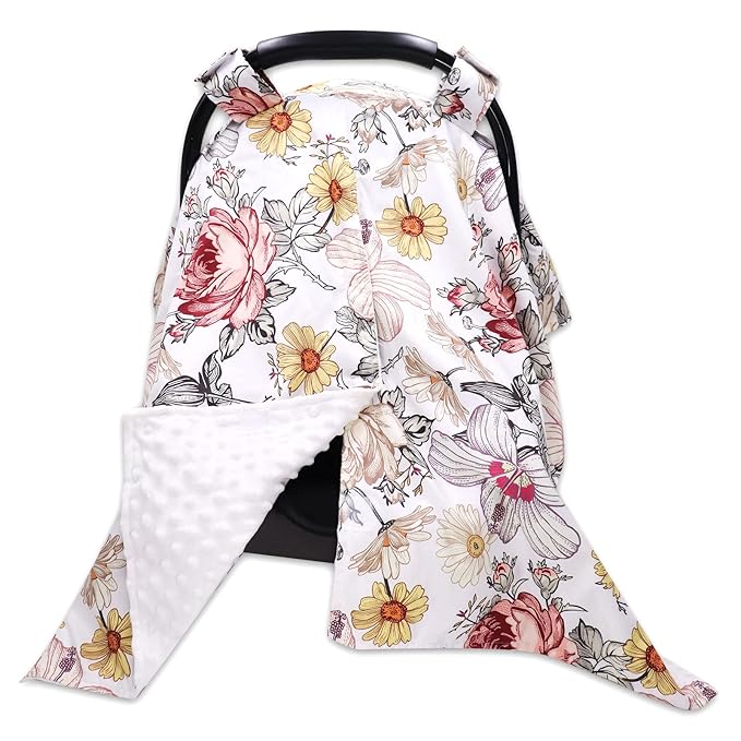 Floral Baby Car Seat Canopy Soft Plush Dotted Backing Baby Car Seat Cover Girls, Infant Carseat Canopy, Stretchy Multi- use Nursing Cover for Stroller/High Chair/Shopping Cart/Car Seat Canopies-BubblyBeeBaby
