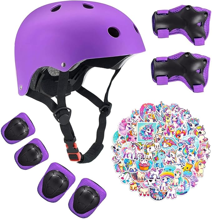 Kids Bike Helmet with Knee Elbow Wrist Pads Guards,Pink,for Ages 2-3-5-8-14,Sports Bicycle,Skate Scooter,Rollerblading with Unicorn Sticker-BubblyBeeBaby