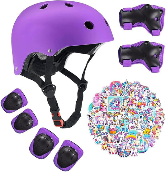 Kids Bike Helmet with Knee Elbow Wrist Pads Guards,Pink,for Ages 2-3-5-8-14,Sports Bicycle,Skate Scooter,Rollerblading with Unicorn Sticker-BubblyBeeBaby