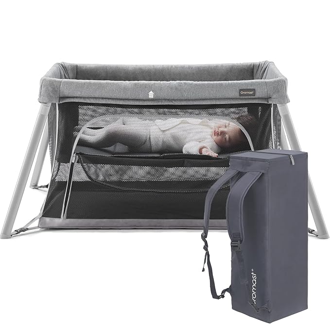 2 in 1 Portable Travel Crib for Toddler, Foldable Crib for Baby, Lightweight Playpen Collapsible Playard with Soft Mattress, Easy to Carry Baby Travel Bed for Outdoor, Indoor (Grey)-BubblyBeeBaby
