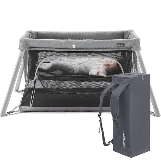 2 in 1 Portable Travel Crib for Toddler, Foldable Crib for Baby, Lightweight Playpen Collapsible Playard with Soft Mattress, Easy to Carry Baby Travel Bed for Outdoor, Indoor (Grey)-BubblyBeeBaby