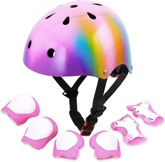 Kids Bike Helmet with DIY Stickers and Knee Pads Elbow Pads Wrist Guard Set for Ages 3-8-14 Toddler Boys Girls Helmet for Roller Skates Cycling Skateboarding Bicycle Scooter-BubblyBeeBaby