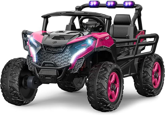 24V 2 Seater Ride on Car Truck, 4x200W, EVA Tires, 4WD/2WD, Rainbow Lights, Remote Control, Shock Absorbers, Bluetooth, Ride On UTV Toy for Kids Ages 3-8, Pink-BubblyBeeBaby