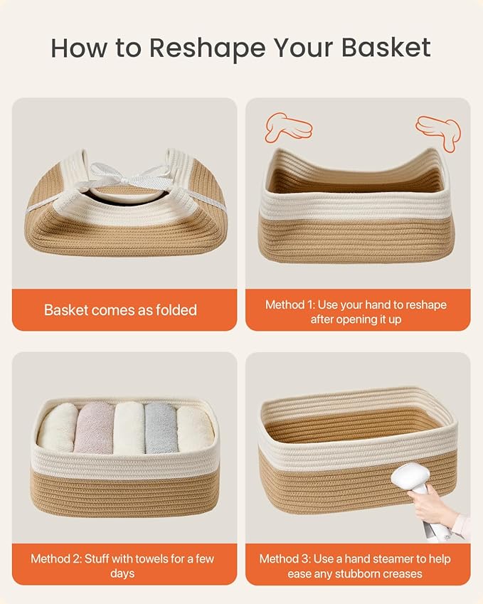 KALLAX Small Woven Basket, 13.5 x 9.5 x 5 Inches, Storage Basket for Organizing, Cute Small Rope Shelf Closet Cube Storage Bins Baskets for Shelves, Dog Toy Gift Baskets Empty, 3 Pack White & Brown-BubblyBeeBaby