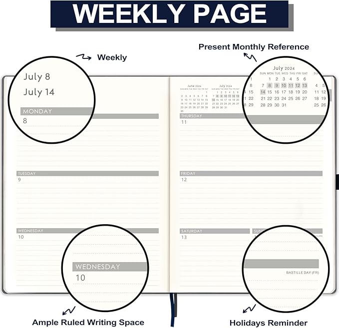 2024-2025 Planner - 2025 Planner Weekly and Monthly, Jul. 2024 - Jun. 2025, 8.5" x 11", Leather Cover Planner with Thick Paper, Back Pocket with Notes Pages - Grey-BubblyBeeBaby