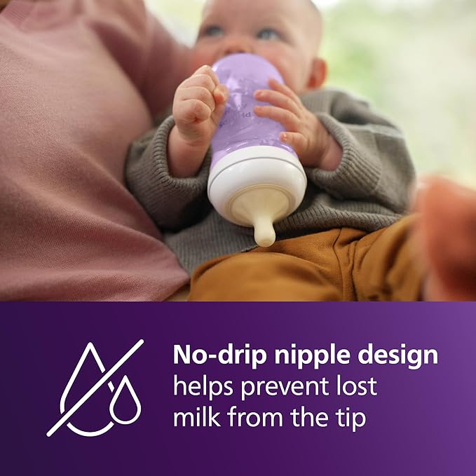 Philips Avent Natural Baby Bottles with Natural Response Nipples (Medium Flow, Flow 3), 9oz, Purple, 4-Pack, SCY903/34-BubblyBeeBaby
