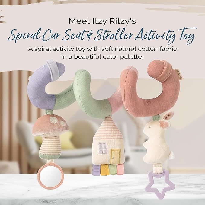 Itzy Ritzy Spiral Car Seat & Stroller Activity Toy - Stroller & Car Seat Toys for Ages 0 Months and Up - Hanging Toys Include Dangling Ring, Mirror and Textured Ribbons (Pastel Rainbow)-BubblyBeeBaby
