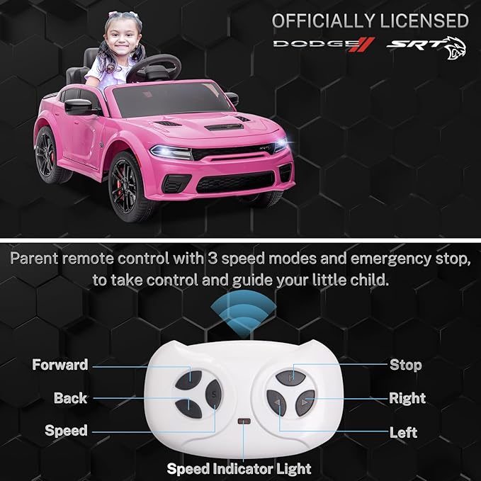 12V 7Ah Kids Electric Ride on Car, Licensed Dodge Charger SRT Hellcat, Battery Powered 4-Wheels Toy Car Electric Vehicle for Kids with Remote Control, 3 Speeds, LED Lights, Music (Pink)-BubblyBeeBaby
