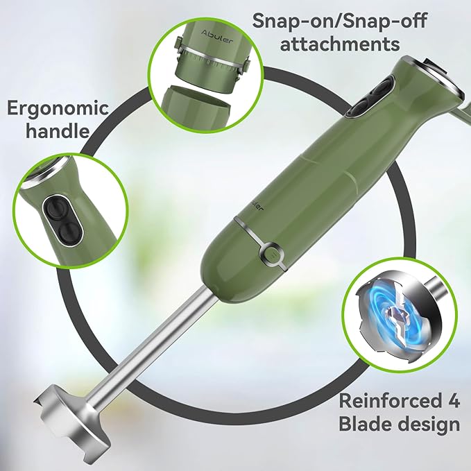 Immersion Blender Handheld 5 in 1 Hand Blender, 1000W Hand Mixer Stick, BPA-Free 12 Speed Handheld Blender with Mixing Beaker, Chopper, Whisk and Milk Frother for Soup, Smoothies, Sauce, Baby Food-BubblyBeeBaby