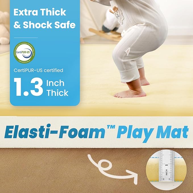 1.3" Thick Baby Play Mat for Floor Playpen, 50x50 Foam Tummy Time Mat, Padded Support Soft Plush Nursery Rug for Infant Kids Toddler Crawling Kick Activity (Vanilla)-BubblyBeeBaby