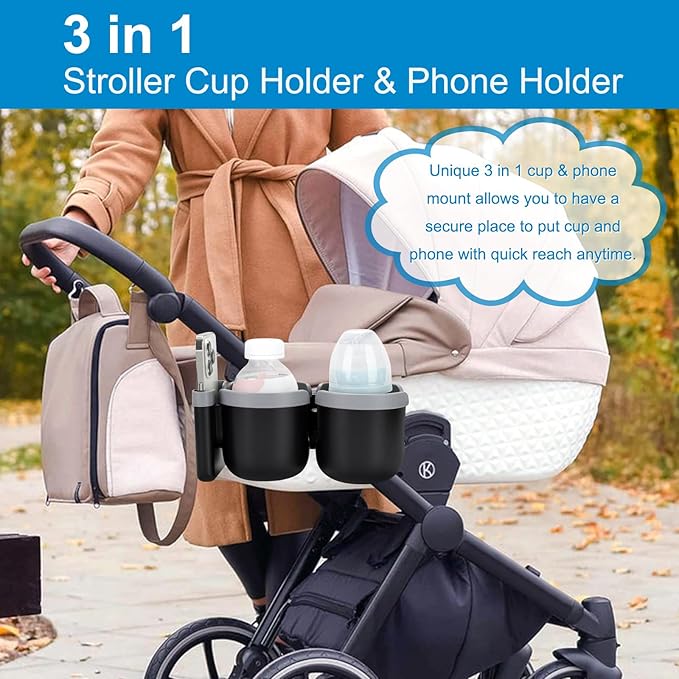 Accmor Stroller Cup Holder with Phone Holder, Bike Cup Holder, Universal Cup Holder for Uppababy Nuna Doona Strollers, 2-in-1 Cup Phone Holder for Stroller, Bike, Wheelchair, Walker, Scooter-BubblyBeeBaby