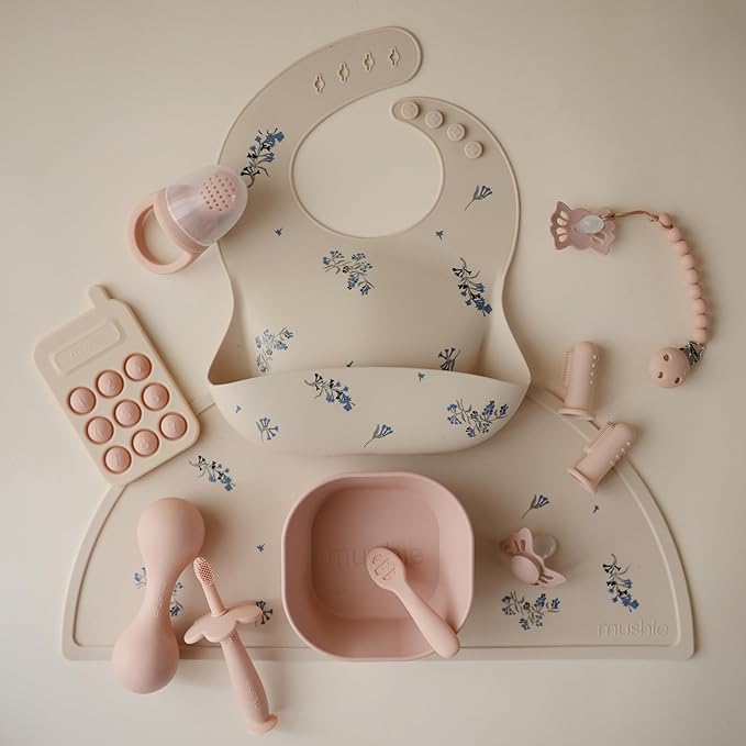 mushie Silicone Baby Bib | Adjustable Fit Waterproof Bibs (Lilac Flowers)-BubblyBeeBaby