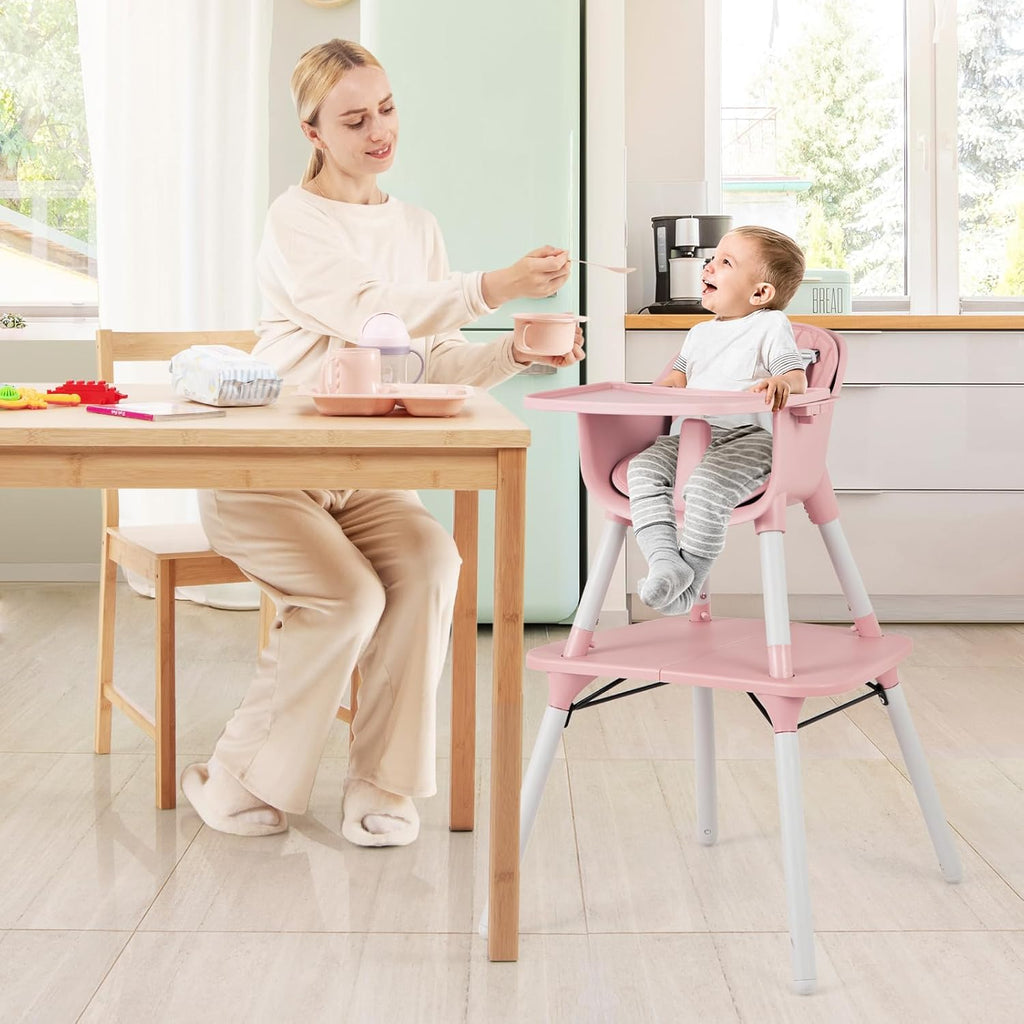 HONEY JOY 5-in-1 High Chair, Convertible Highchair for Babies and Toddlers/Kids Chair Table Set/Infant Feeding Chair w/Safety Harness, PU Leather Cushion & Removable Food Tray (Pink)