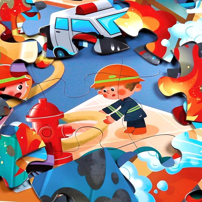 Jumbo Floor Puzzle for Kids,Fire Rescue Jigsaw Large Puzzles,48 Piece Firefighter Fireman Fire Truck Puzzle for Toddler Ages 3-5,Children Learning Preschool Educational Toys,Gift for 4-8 Years Old-BubblyBeeBaby