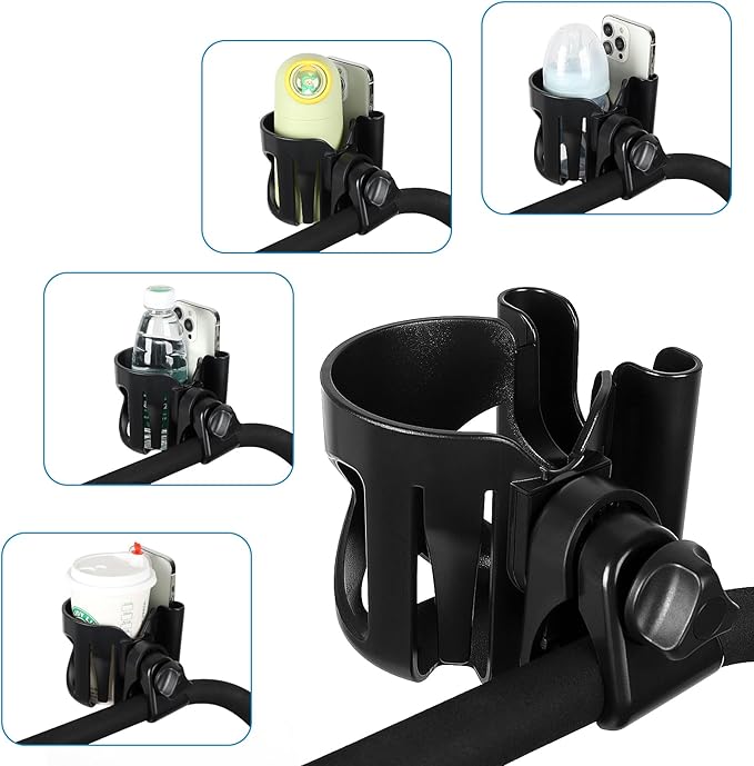 Accmor Universal Cup Holder with Hook, Stroller Cup Holder with Phone Holder, 360° Rotatable Large Caliber Designed Bottle Holder for Stroller, Bike, Wheelchair, Walker, Scooter-BubblyBeeBaby