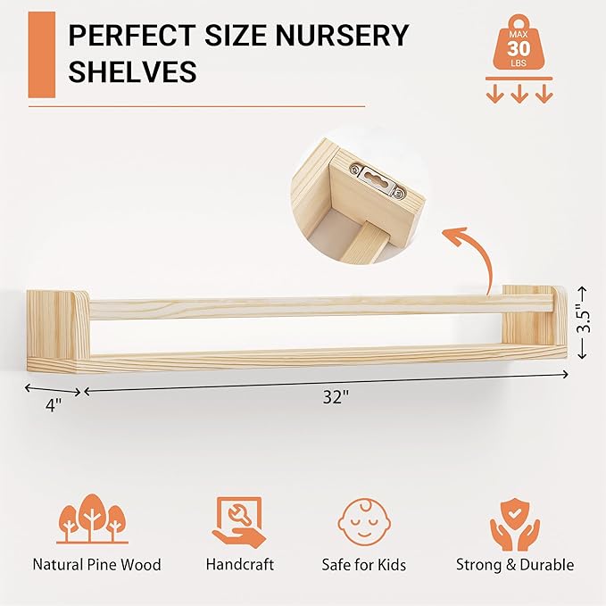 Heimlove 32 Inch Nursery Floating Shelves, Wood Nursery Book Shelves for Wall, Wall Bookshelf for Kids Solid Wood Wall Mounted Shelves for Books,Toys and Decor Storage, Set of 2-BubblyBeeBaby